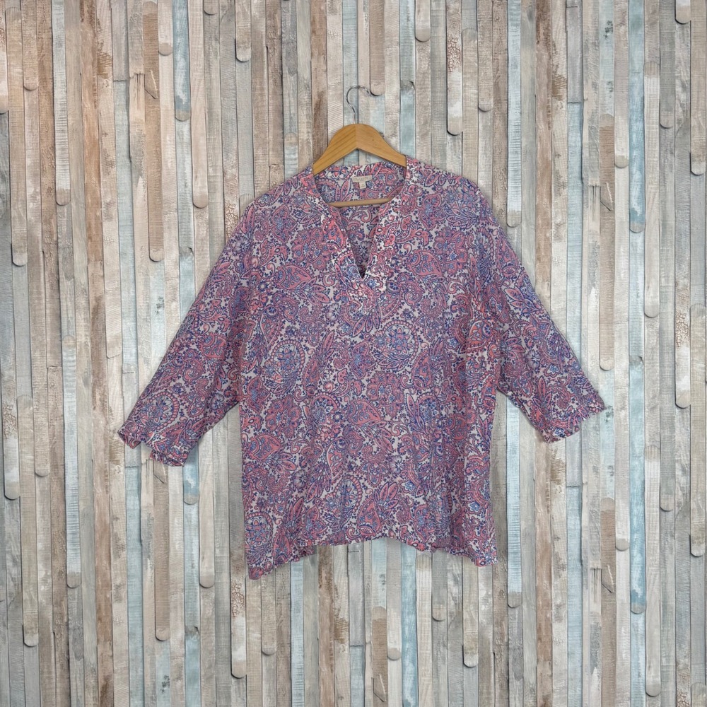 Talbots 3X Pink Blue Paisley 100% Cotton Tunic Blouse 3/4 Sleeve V-Neck Top - Picture 1 of 8